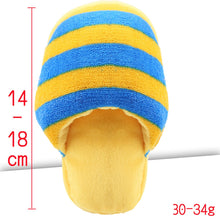 Load image into Gallery viewer, Small Yellow Stuffed Squeaky Flip Flop with Blue Strips