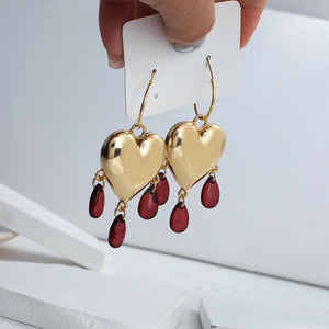 Gold Heart Earrings with Acrylic Red Beads