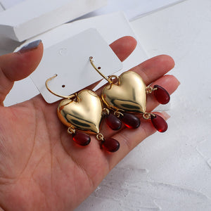 Gold Heart Earrings with Acrylic Red Beads