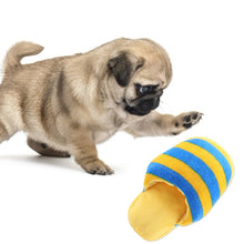 Load image into Gallery viewer, Small Yellow Stuffed Squeaky Flip Flop with Blue Strips
