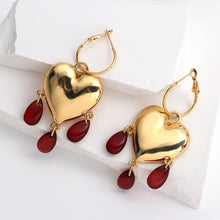 Load image into Gallery viewer, Gold Heart Earrings with Acrylic Red Beads