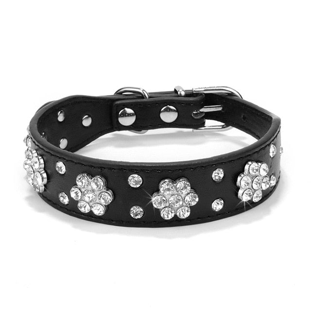 Bling Rhinestone Flowers Leather Collars For Small Medium Dogs Cats